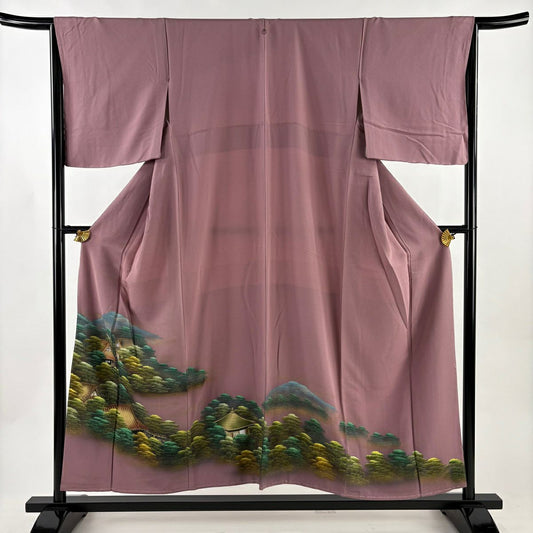 色留袖禮服 身長154.5cm 袖長65cm M 雙層 建物 樹木 金銀彩 粉紅 純蠶絲 秀品級 一つ紋