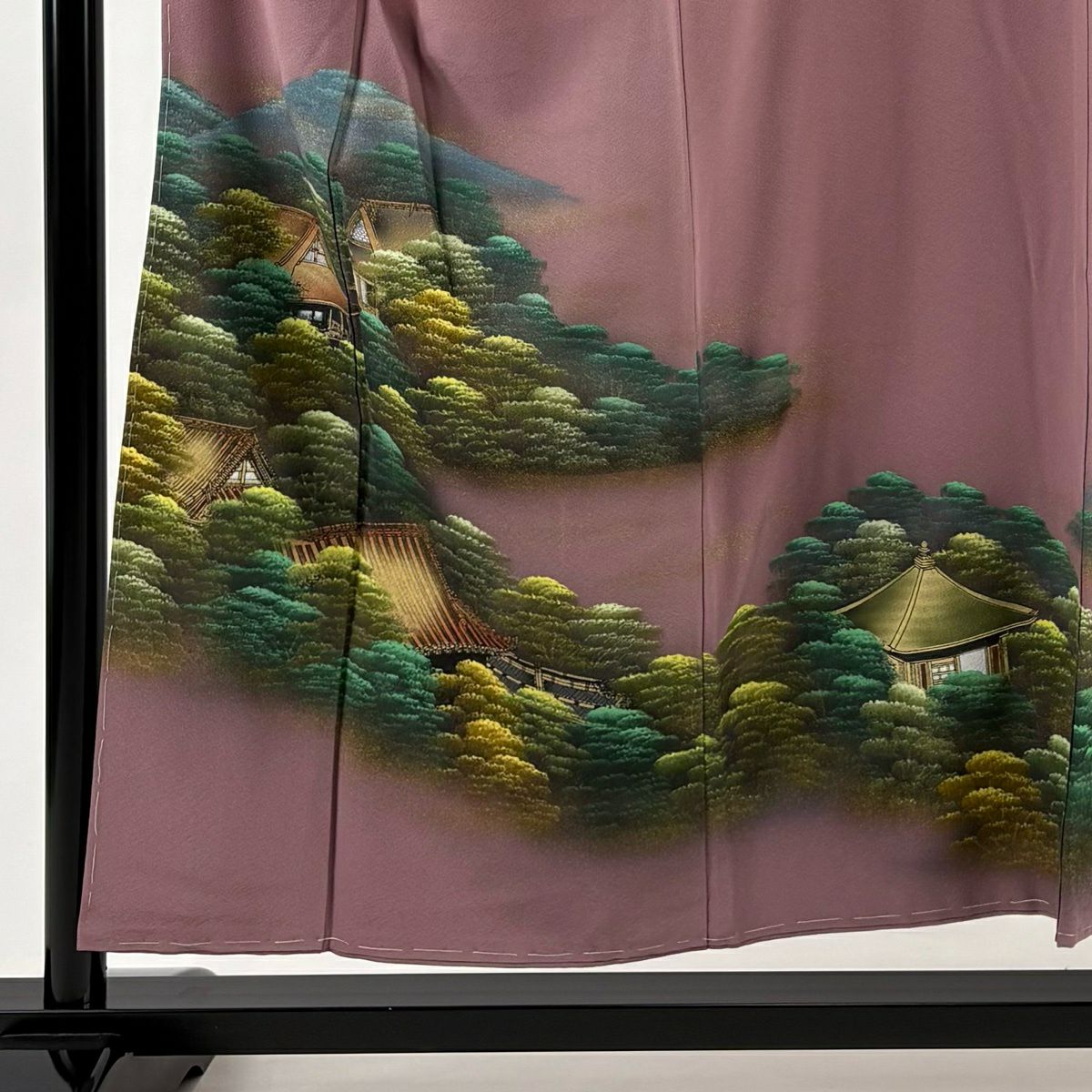 色留袖禮服 身長154.5cm 袖長65cm M 雙層 建物 樹木 金銀彩 粉紅 純蠶絲 秀品級 一つ紋