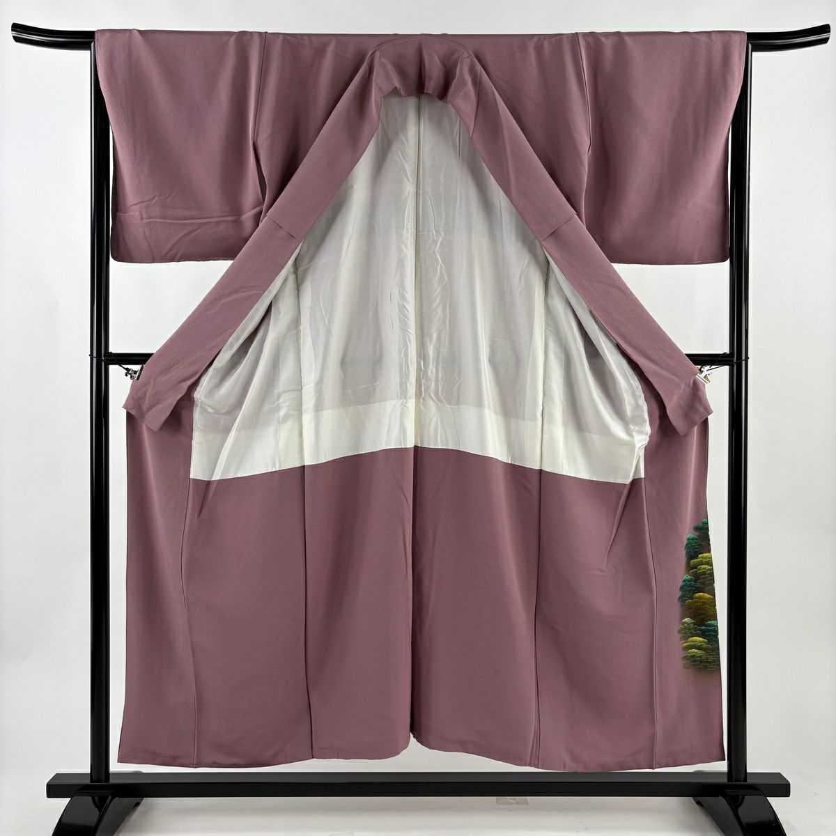 色留袖禮服 身長154.5cm 袖長65cm M 雙層 建物 樹木 金銀彩 粉紅 純蠶絲 秀品級 一つ紋