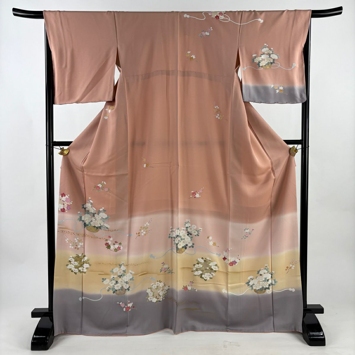 訪問服 身長170cm 袖長67.5cm L 雙層 花籠 花丸紋 金銀彩 染分 鮭粉色 純蠶絲 優品級