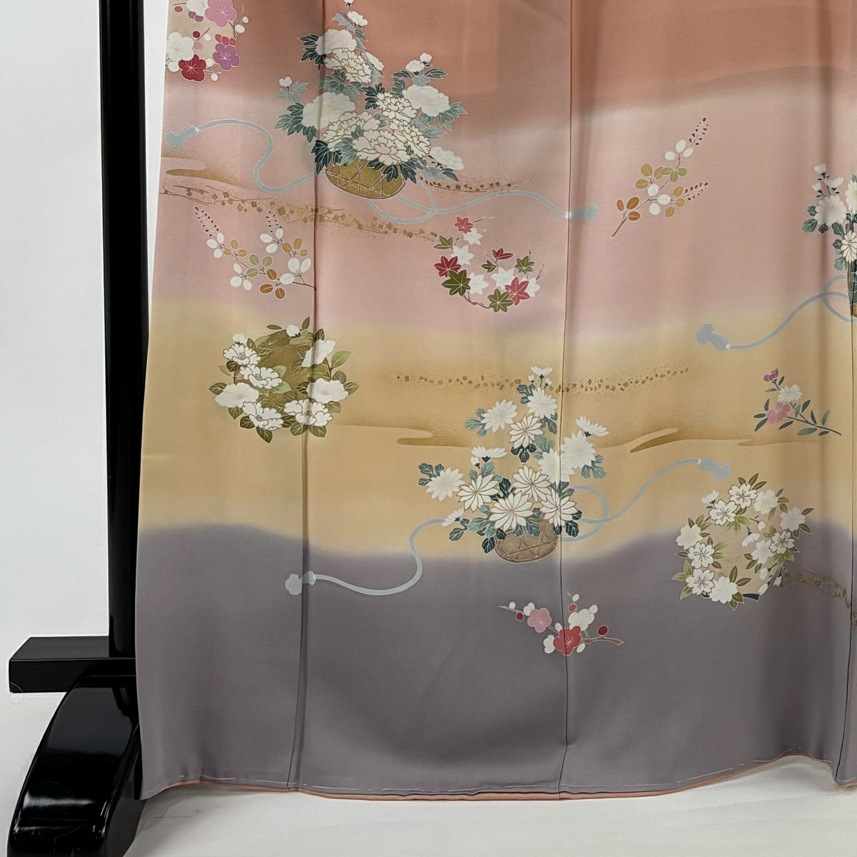 訪問服 身長170cm 袖長67.5cm L 雙層 花籠 花丸紋 金銀彩 染分 鮭粉色 純蠶絲 優品級