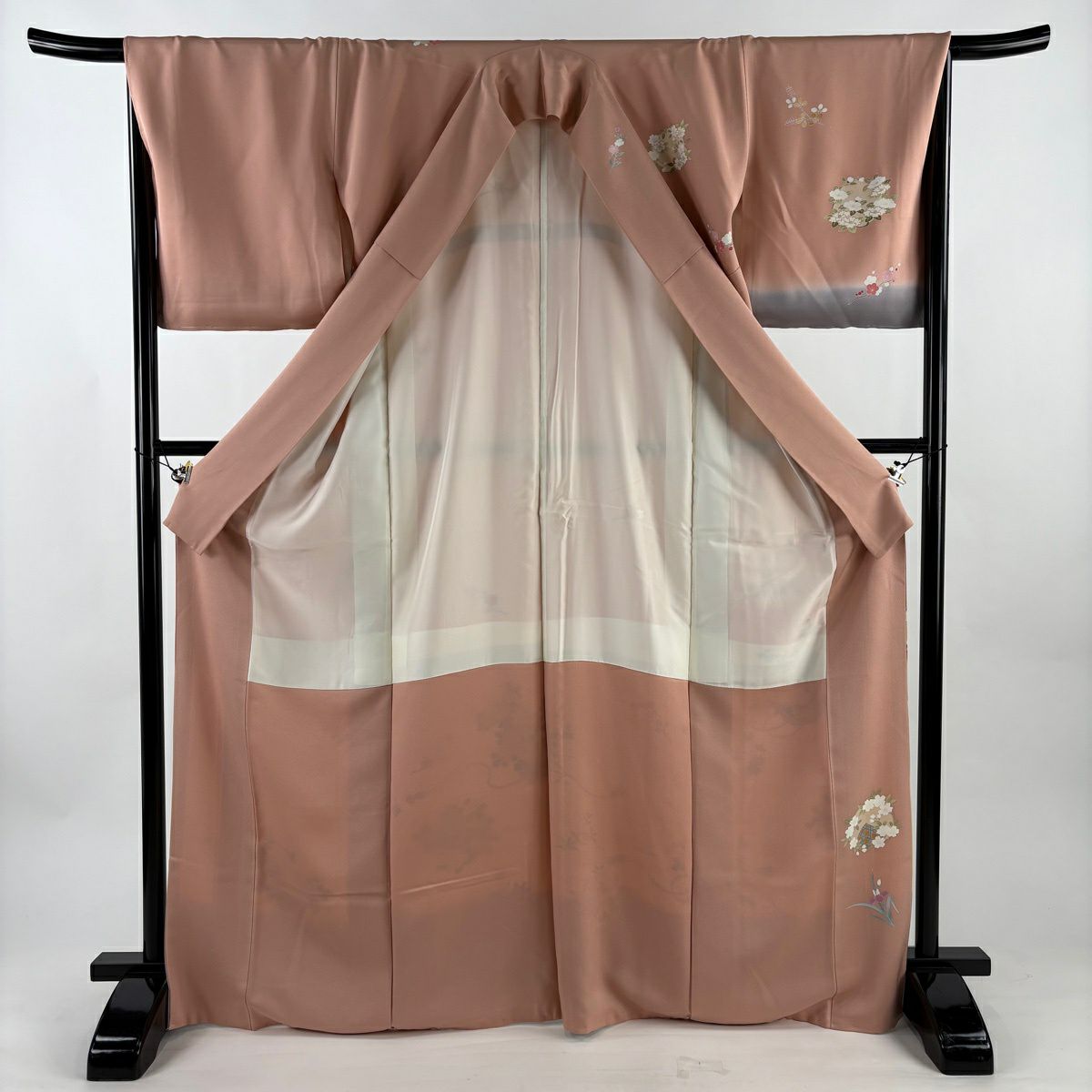 訪問服 身長170cm 袖長67.5cm L 雙層 花籠 花丸紋 金銀彩 染分 鮭粉色 純蠶絲 優品級
