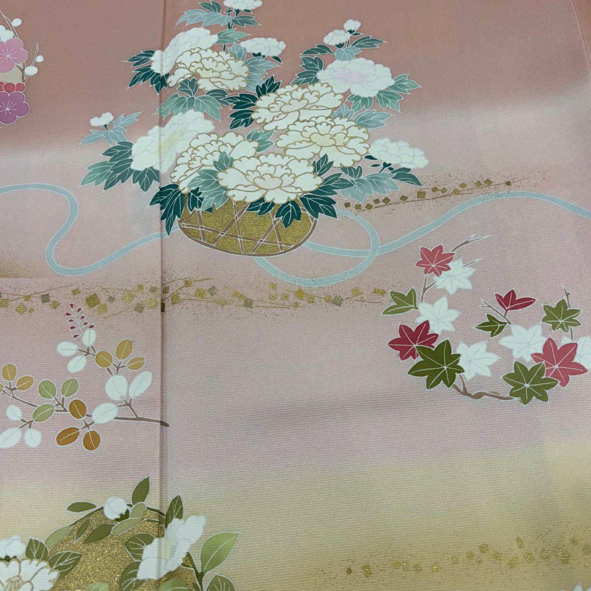 訪問服 身長170cm 袖長67.5cm L 雙層 花籠 花丸紋 金銀彩 染分 鮭粉色 純蠶絲 優品級