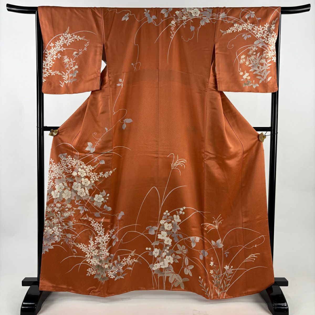 訪問服 身長163cm 袖長66cm M 雙層 草花紋紋 葉與果實 金絲 金銀彩 橙色 純蠶絲 優品級