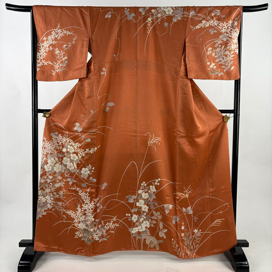 訪問服 身長163cm 袖長66cm M 雙層 草花紋紋 葉與果實 金絲 金銀彩 橙色 純蠶絲 優品級