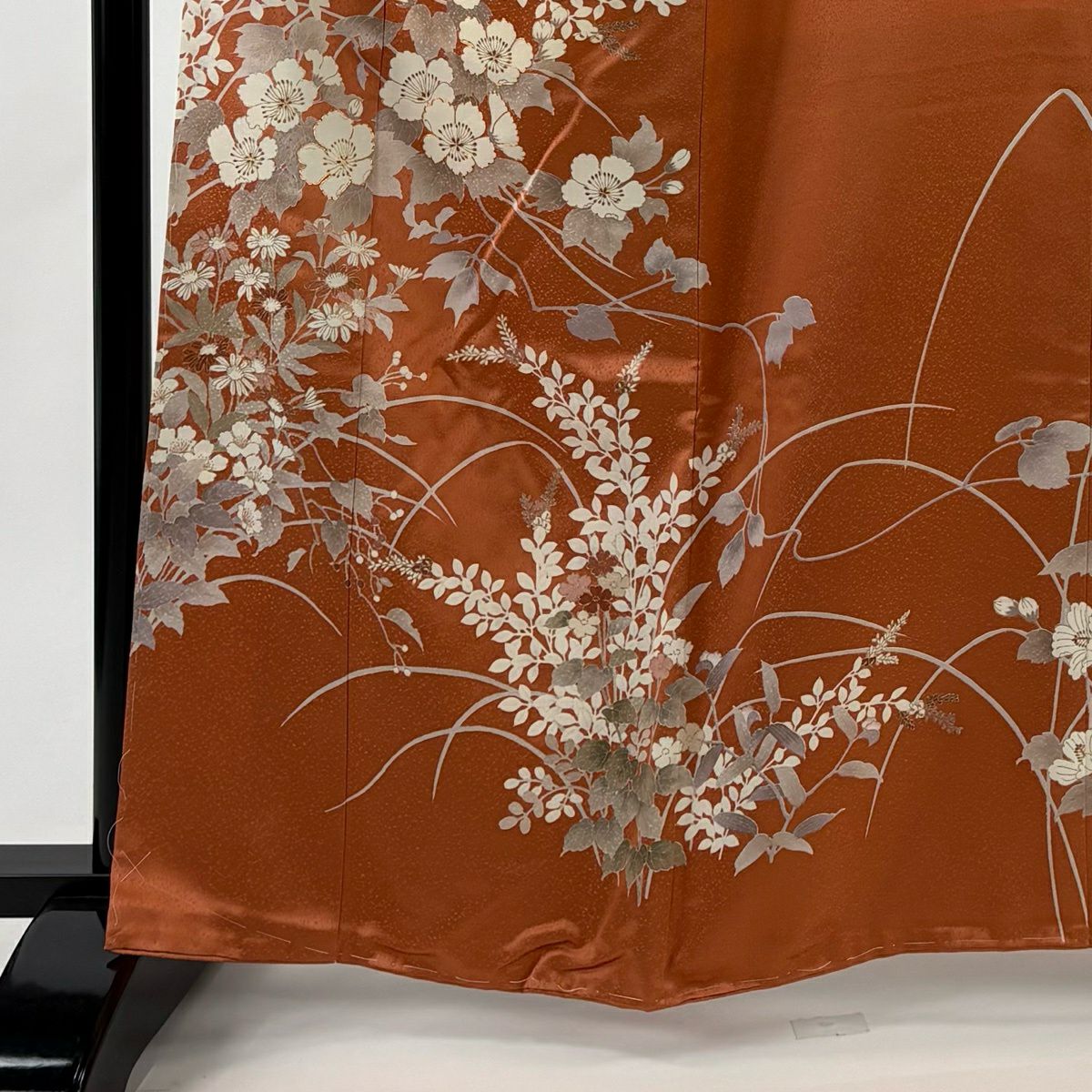 訪問服 身長163cm 袖長66cm M 雙層 草花紋紋 葉與果實 金絲 金銀彩 橙色 純蠶絲 優品級