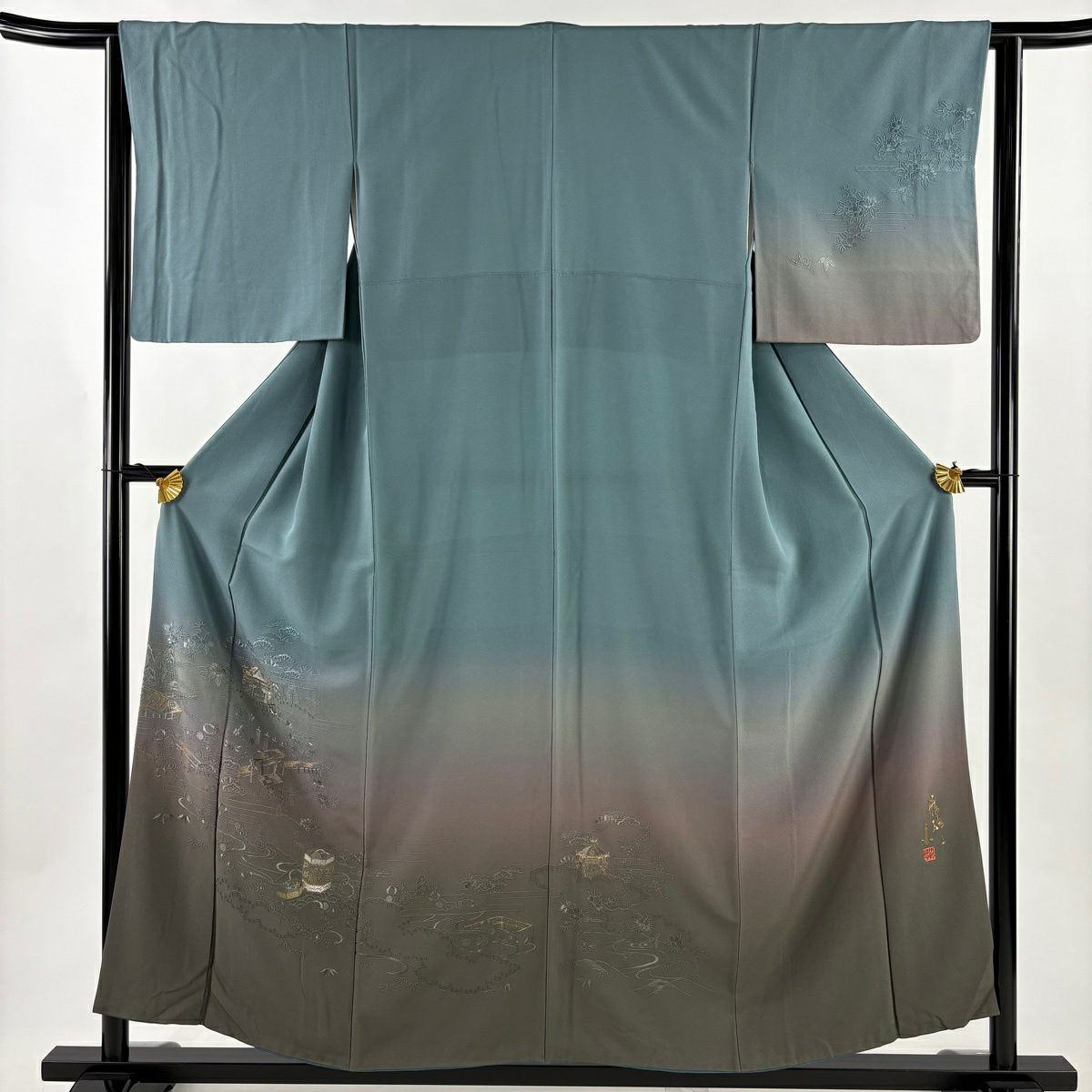 付下 身長156.5cm 袖長63cm S 雙層 コシノアヤコ 落款あり 貝桶 建物 金銀彩 刺繡 灰綠 純蠶絲 秀品級
