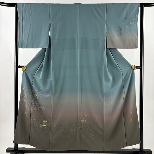 付下 身長156.5cm 袖長63cm S 雙層 コシノアヤコ 落款あり 貝桶 建物 金銀彩 刺繡 灰綠 純蠶絲 秀品級