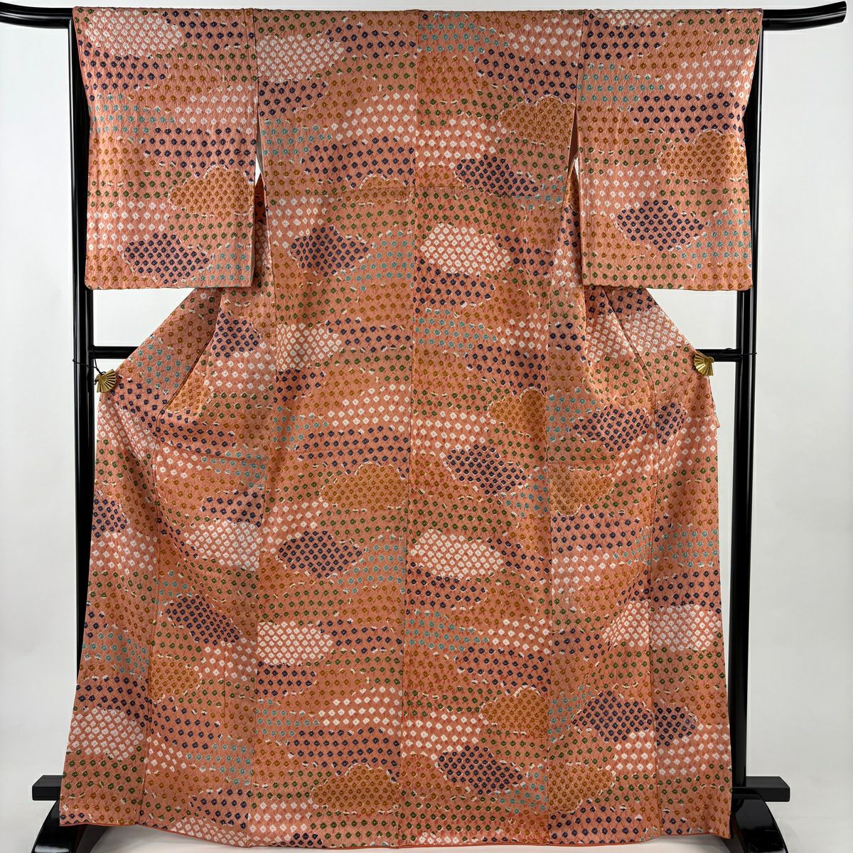 【美品】 小紋 身長168cm 袖長66cm M 雙層 幾何學 絞染 鮭粉色 純蠶絲 秀品級