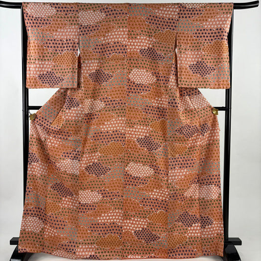 【美品】 小紋 身長168cm 袖長66cm M 雙層 幾何學 絞染 鮭粉色 純蠶絲 秀品級