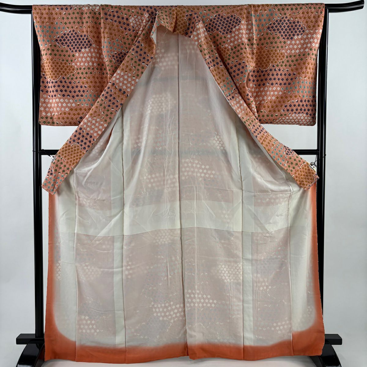 【美品】 小紋 身長168cm 袖長66cm M 雙層 幾何學 絞染 鮭粉色 純蠶絲 秀品級