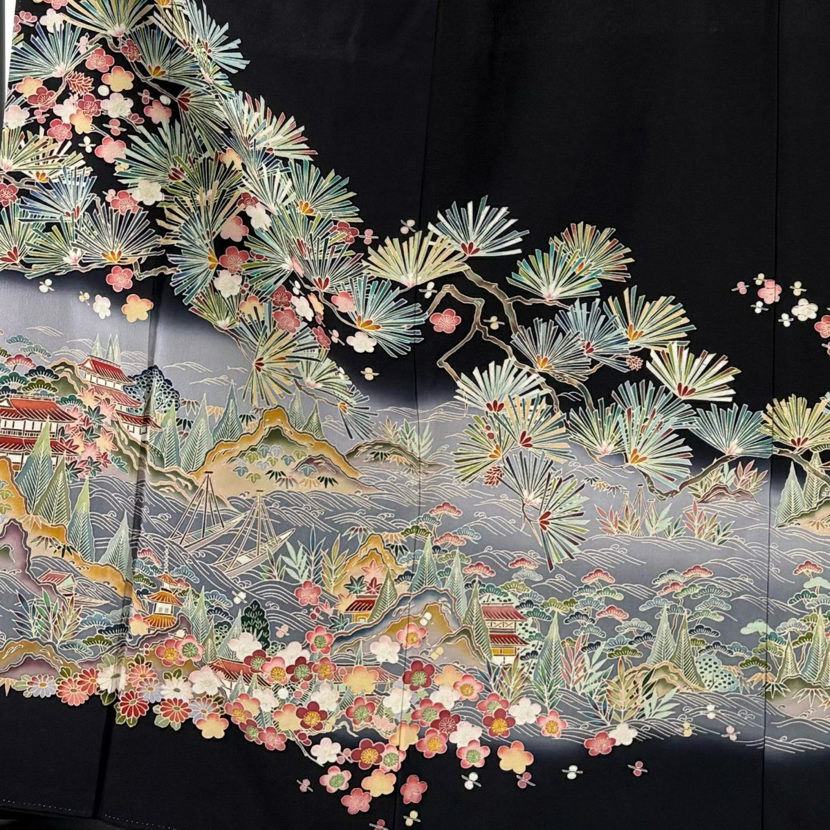 黑留袖禮服 身長163cm 袖長64cm M 雙層 落款 松樹竹子梅花 建物 漸層 黑 純蠶絲 優品級