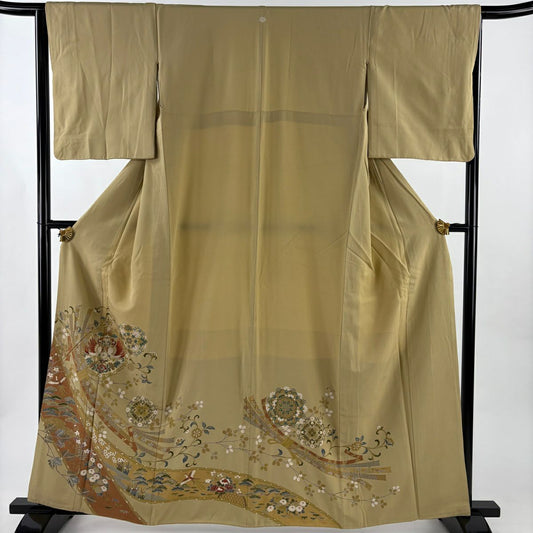 色留袖禮服 身長161.5cm 袖長64cm M 雙層 向對鳥 束帶熨斗紋 金銀彩 淡黃土 純蠶絲 秀品級 一個紋