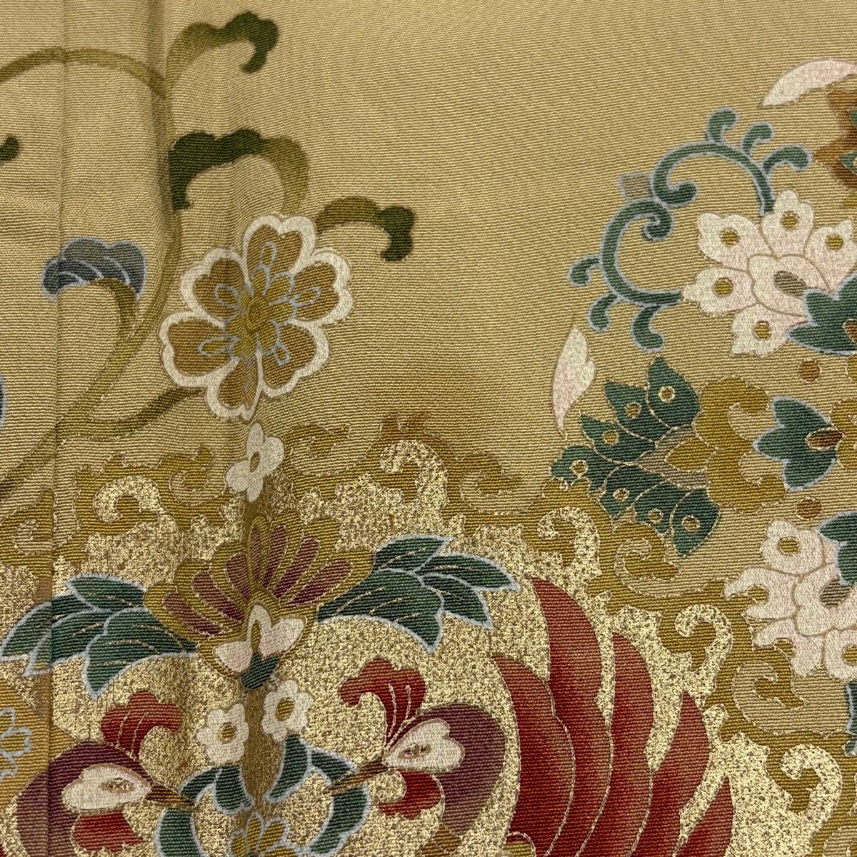 色留袖禮服 身長161.5cm 袖長64cm M 雙層 向對鳥 束帶熨斗紋 金銀彩 淡黃土 純蠶絲 秀品級 一個紋