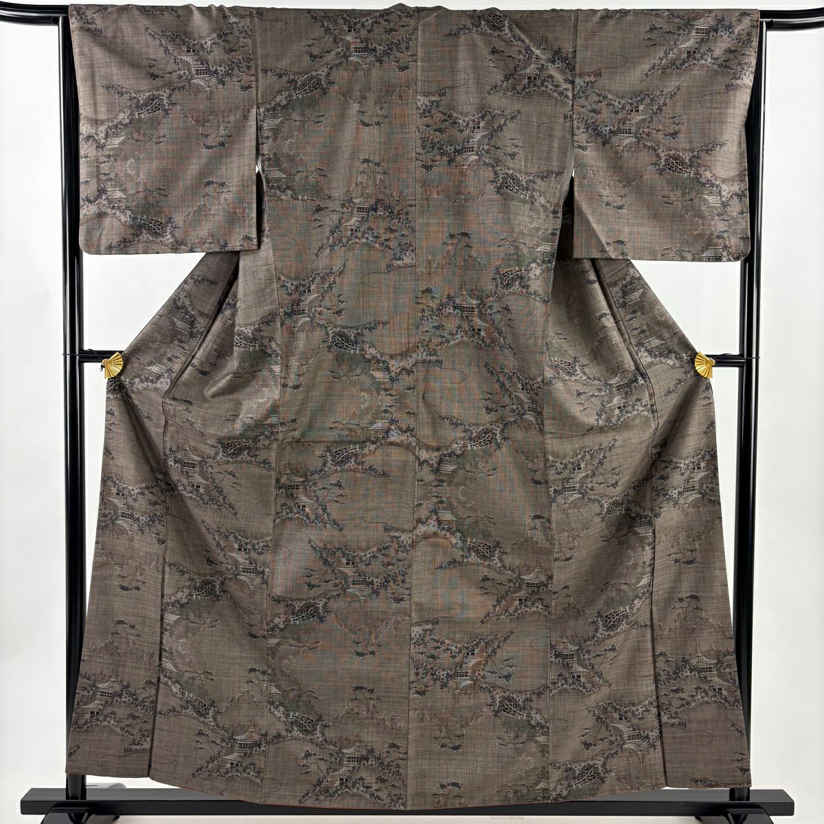 【美品】 紬織 身長159cm 袖長65cm M 雙層 建物 樹木 焦茶 純蠶絲 秀品級