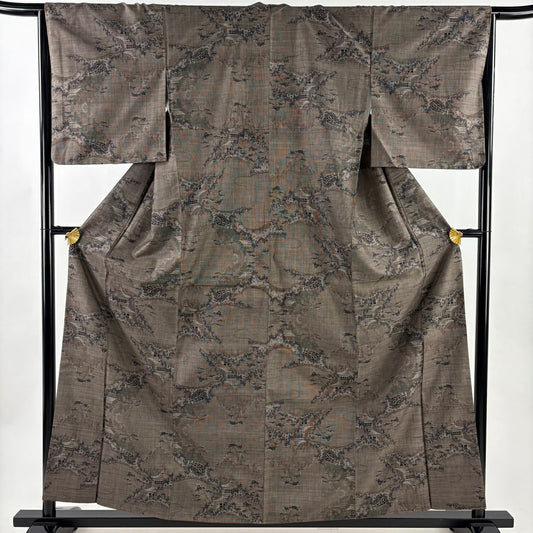 【美品】 紬織 身長159cm 袖長65cm M 雙層 建物 樹木 焦茶 純蠶絲 秀品級