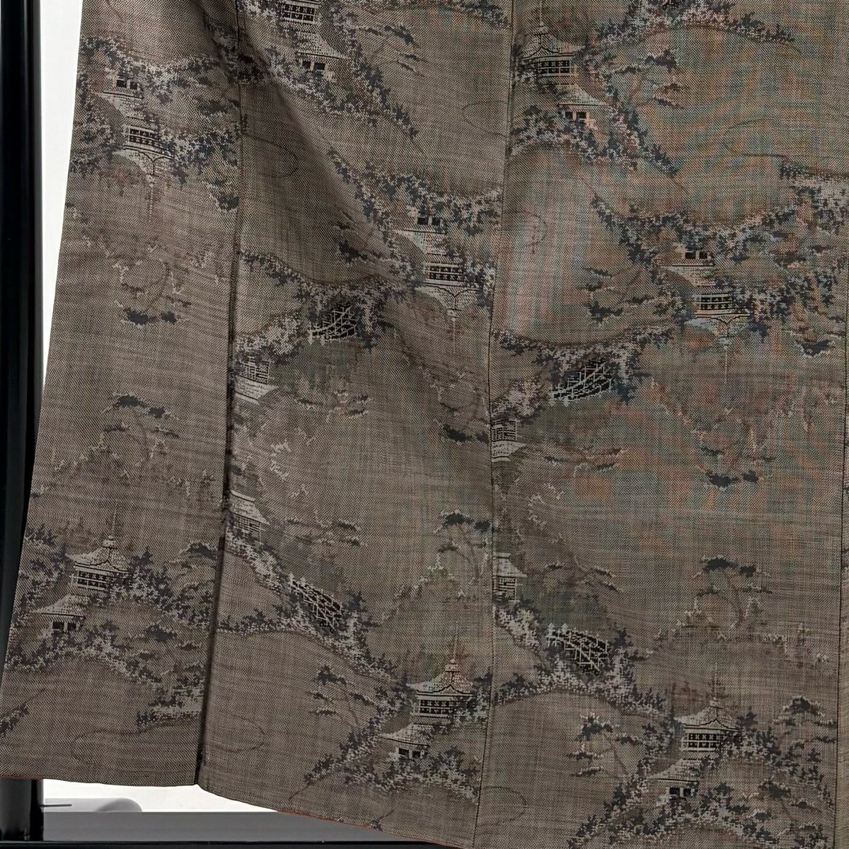 【美品】 紬織 身長159cm 袖長65cm M 雙層 建物 樹木 焦茶 純蠶絲 秀品級