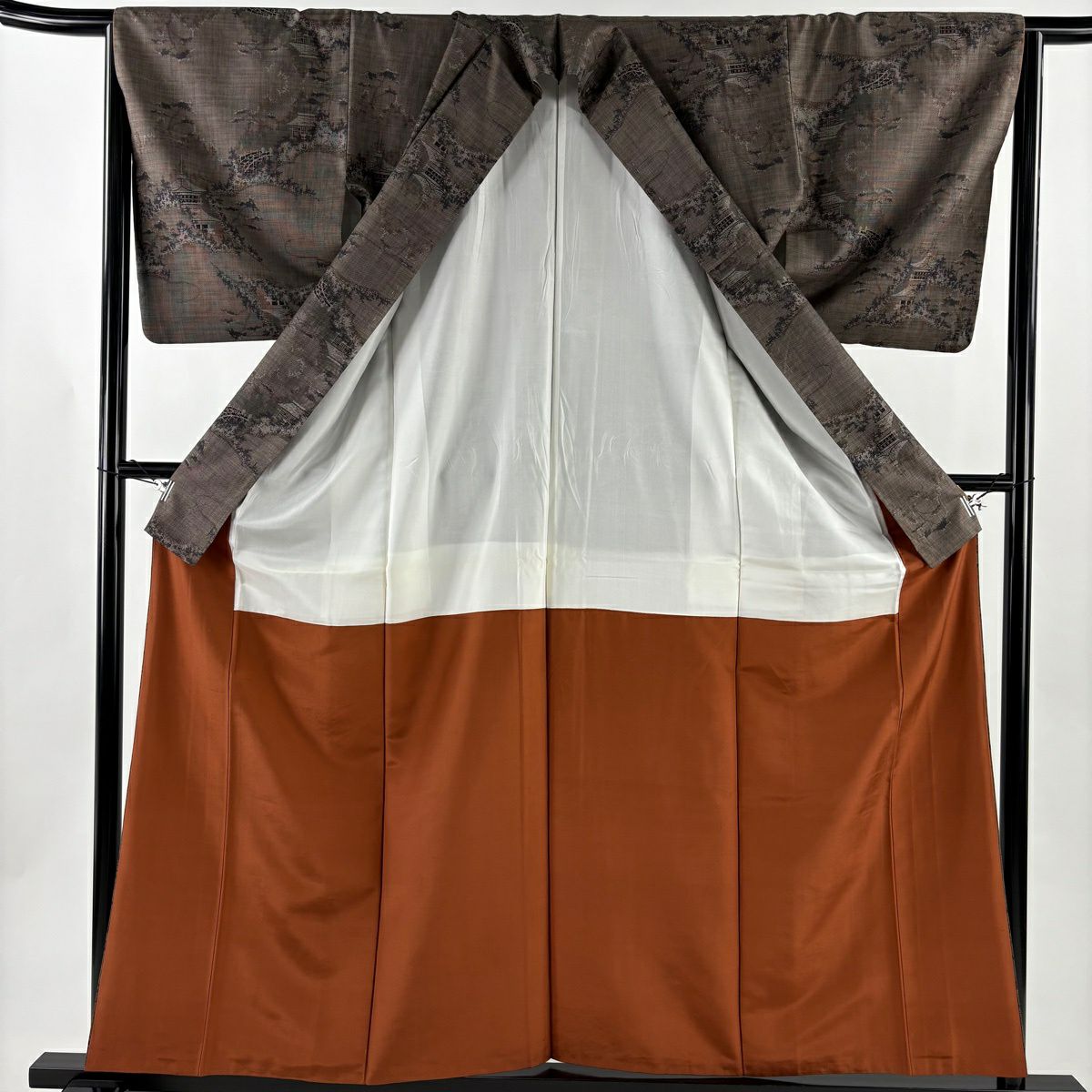 【美品】 紬織 身長159cm 袖長65cm M 雙層 建物 樹木 焦茶 純蠶絲 秀品級