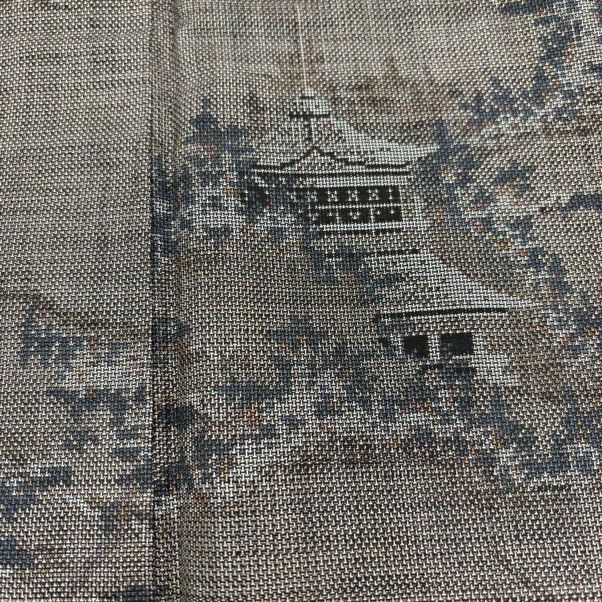 【美品】 紬織 身長159cm 袖長65cm M 雙層 建物 樹木 焦茶 純蠶絲 秀品級