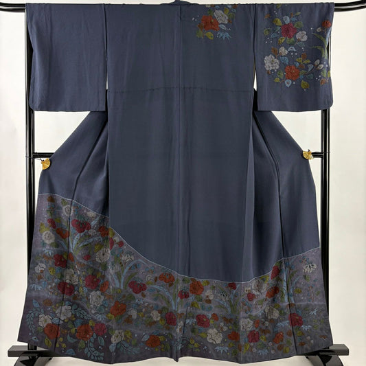 訪問服 身長159cm 袖長68cm L 雙層 草花紋紋 絞染 漸層 深藍 純蠶絲 秀品級