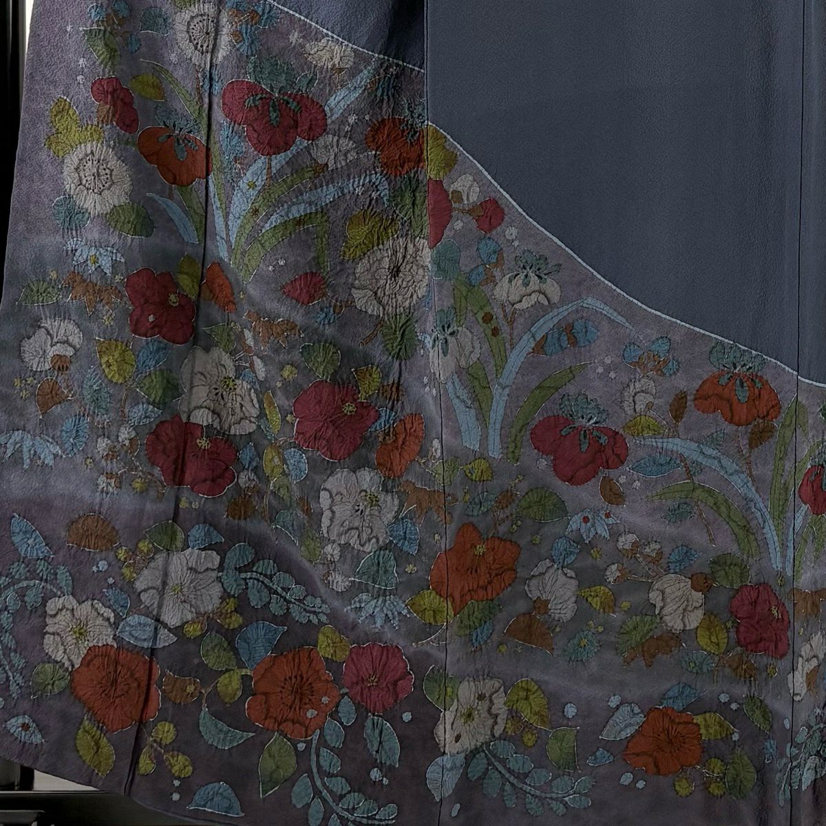 訪問服 身長159cm 袖長68cm L 雙層 草花紋紋 絞染 漸層 深藍 純蠶絲 秀品級