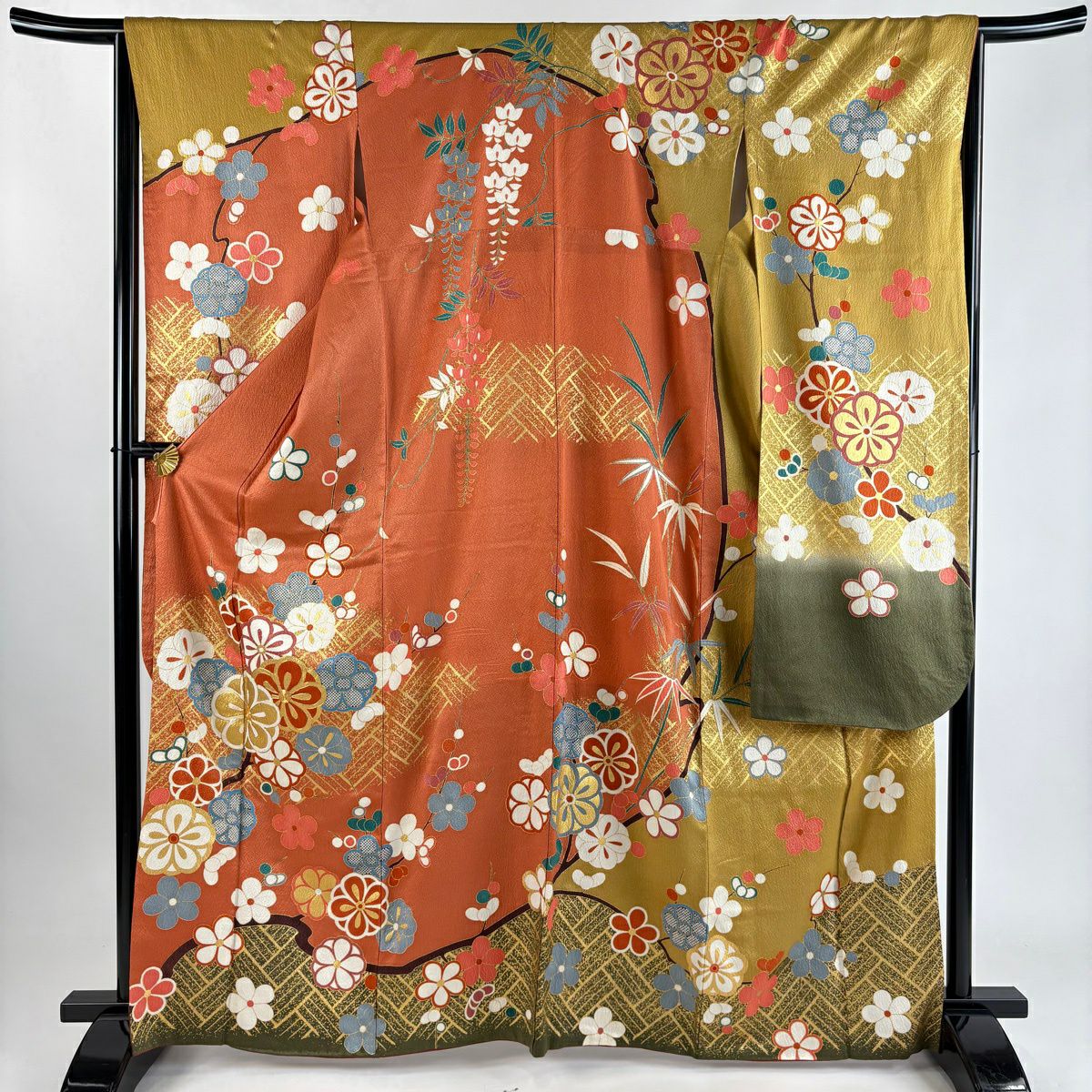 【美品】振袖禮服 身長164.5cm 袖長65.5cm M 雙層 枝梅花 金絲 金銀彩 鮭粉色 純蠶絲 秀品級
