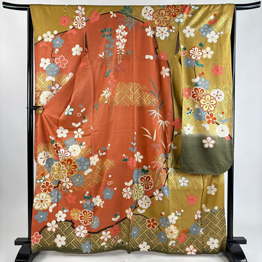 【美品】振袖禮服 身長164.5cm 袖長65.5cm M 雙層 枝梅花 金絲 金銀彩 鮭粉色 純蠶絲 秀品級