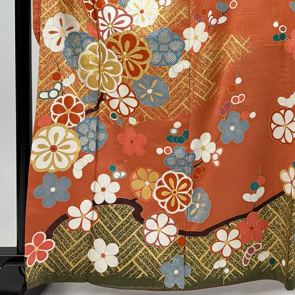 【美品】振袖禮服 身長164.5cm 袖長65.5cm M 雙層 枝梅花 金絲 金銀彩 鮭粉色 純蠶絲 秀品級