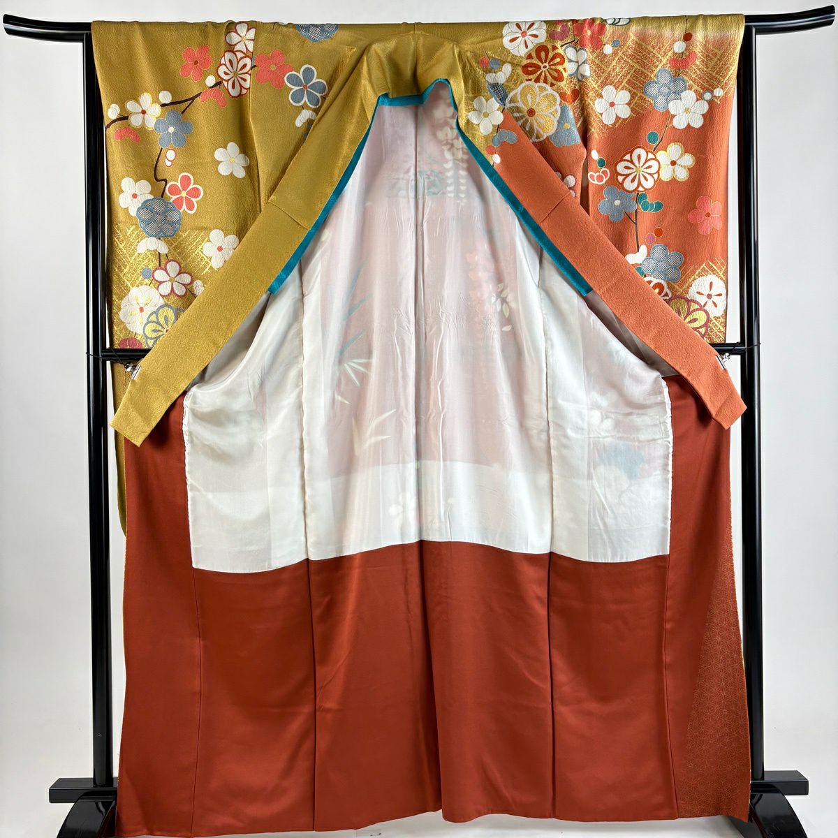 【美品】振袖禮服 身長164.5cm 袖長65.5cm M 雙層 枝梅花 金絲 金銀彩 鮭粉色 純蠶絲 秀品級