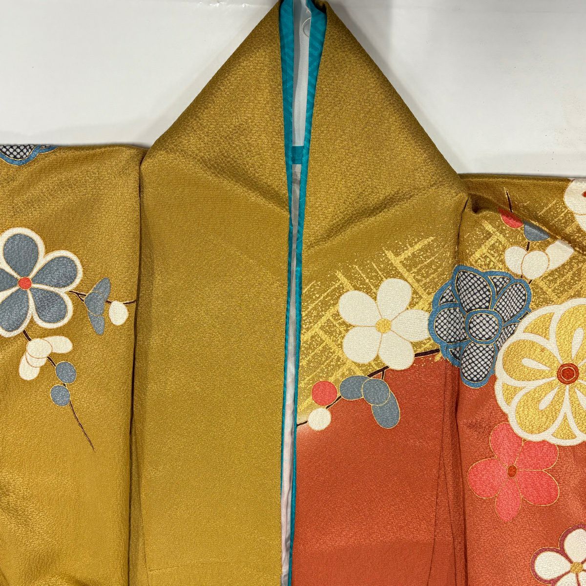 【美品】振袖禮服 身長164.5cm 袖長65.5cm M 雙層 枝梅花 金絲 金銀彩 鮭粉色 純蠶絲 秀品級