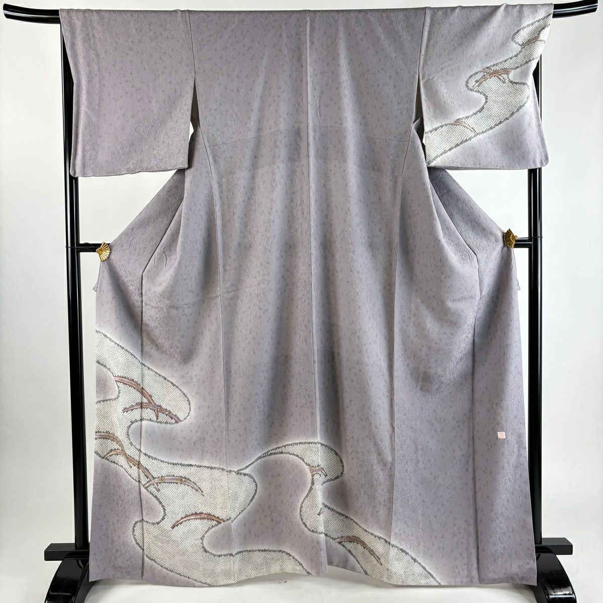 付下 身長165.5cm 袖長67.5cm L 雙層 林淳一 落款 芝 流水 金金箔 灰紫 純蠶絲 秀品級