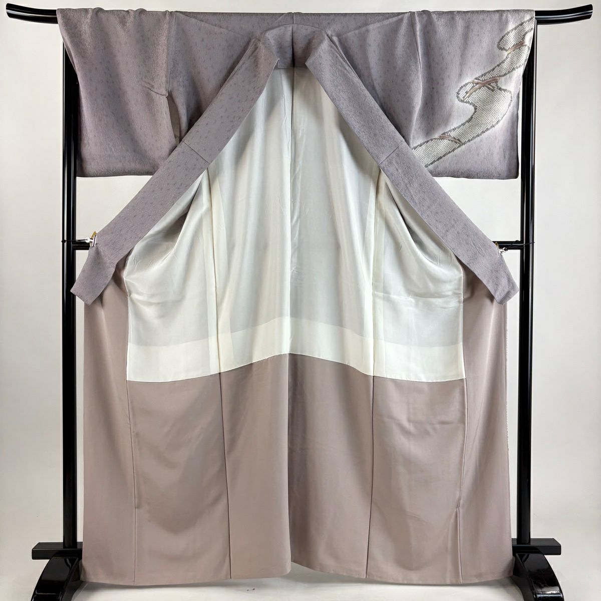 付下 身長165.5cm 袖長67.5cm L 雙層 林淳一 落款 芝 流水 金金箔 灰紫 純蠶絲 秀品級