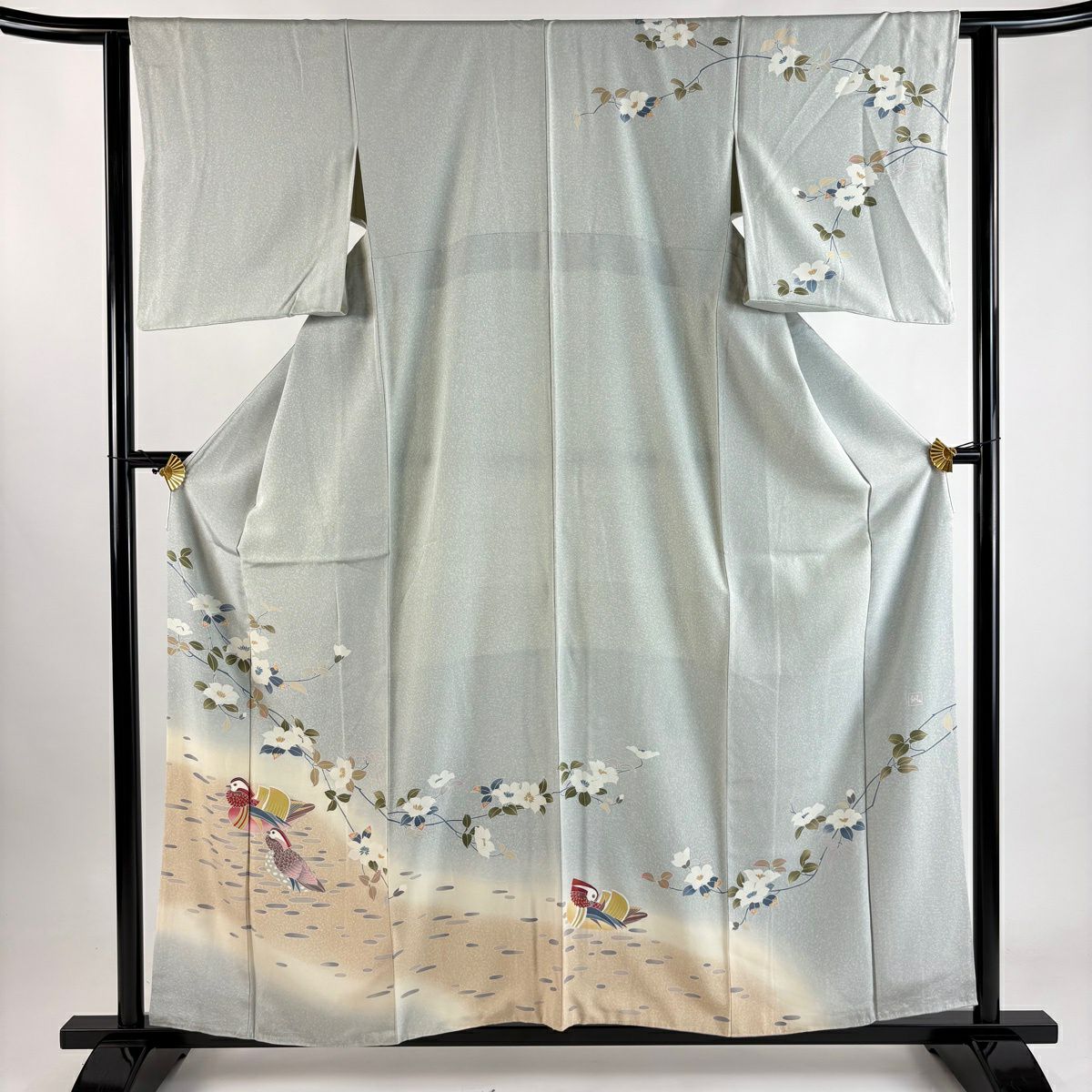 訪問服 身長157.5cm 袖長61cm S 雙層 落款あり 鴛鴦 枝花 染分 ぼかし 青灰 純蠶絲 秀品級