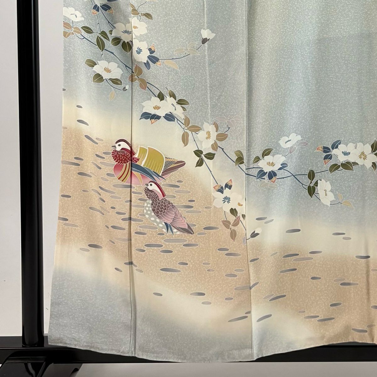 訪問服 身長157.5cm 袖長61cm S 雙層 落款あり 鴛鴦 枝花 染分 ぼかし 青灰 純蠶絲 秀品級