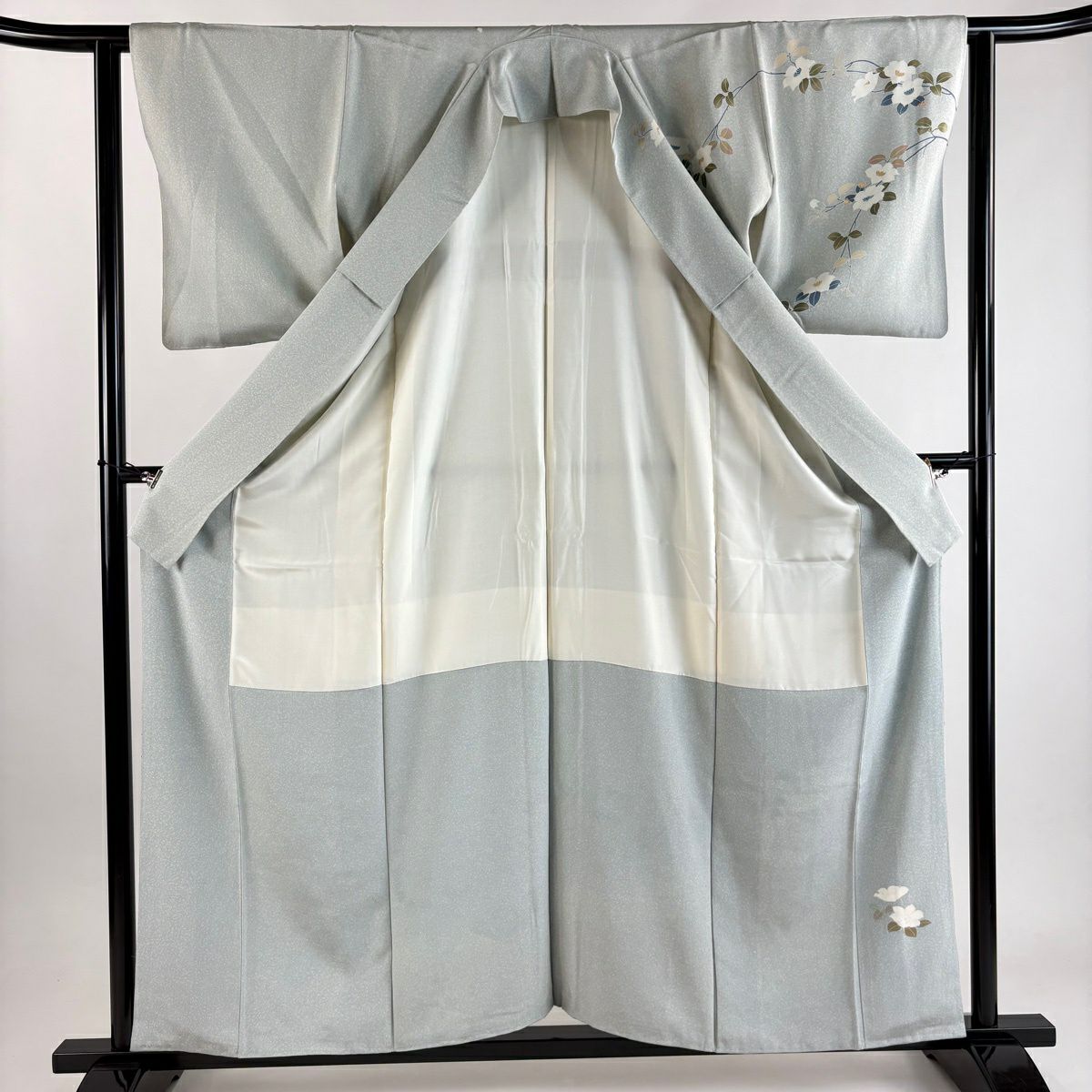 訪問服 身長157.5cm 袖長61cm S 雙層 落款あり 鴛鴦 枝花 染分 ぼかし 青灰 純蠶絲 秀品級