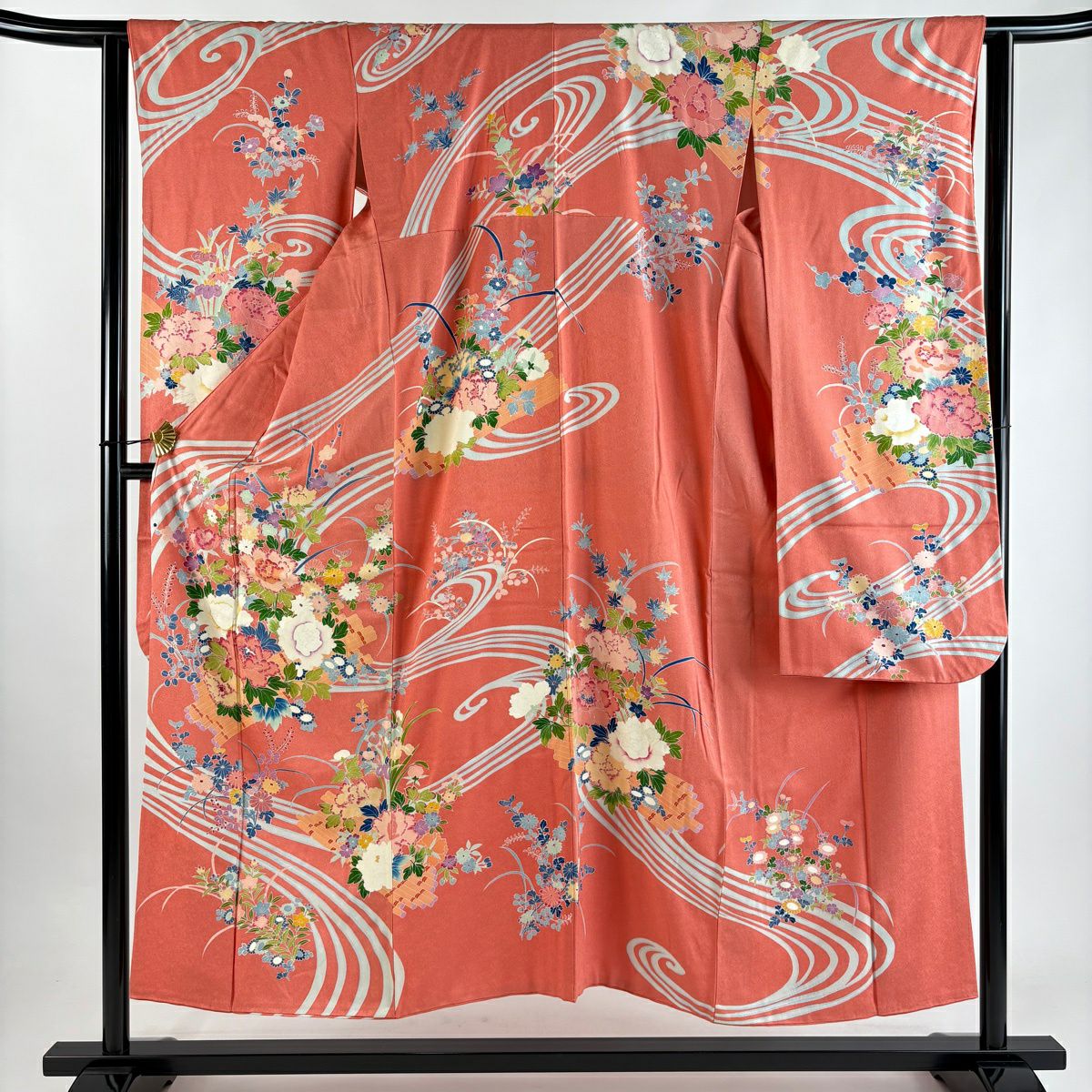 振袖禮服 身長150.5cm 袖長63cm S 雙層 花筏 流水 粉紅 純蠶絲 秀品級