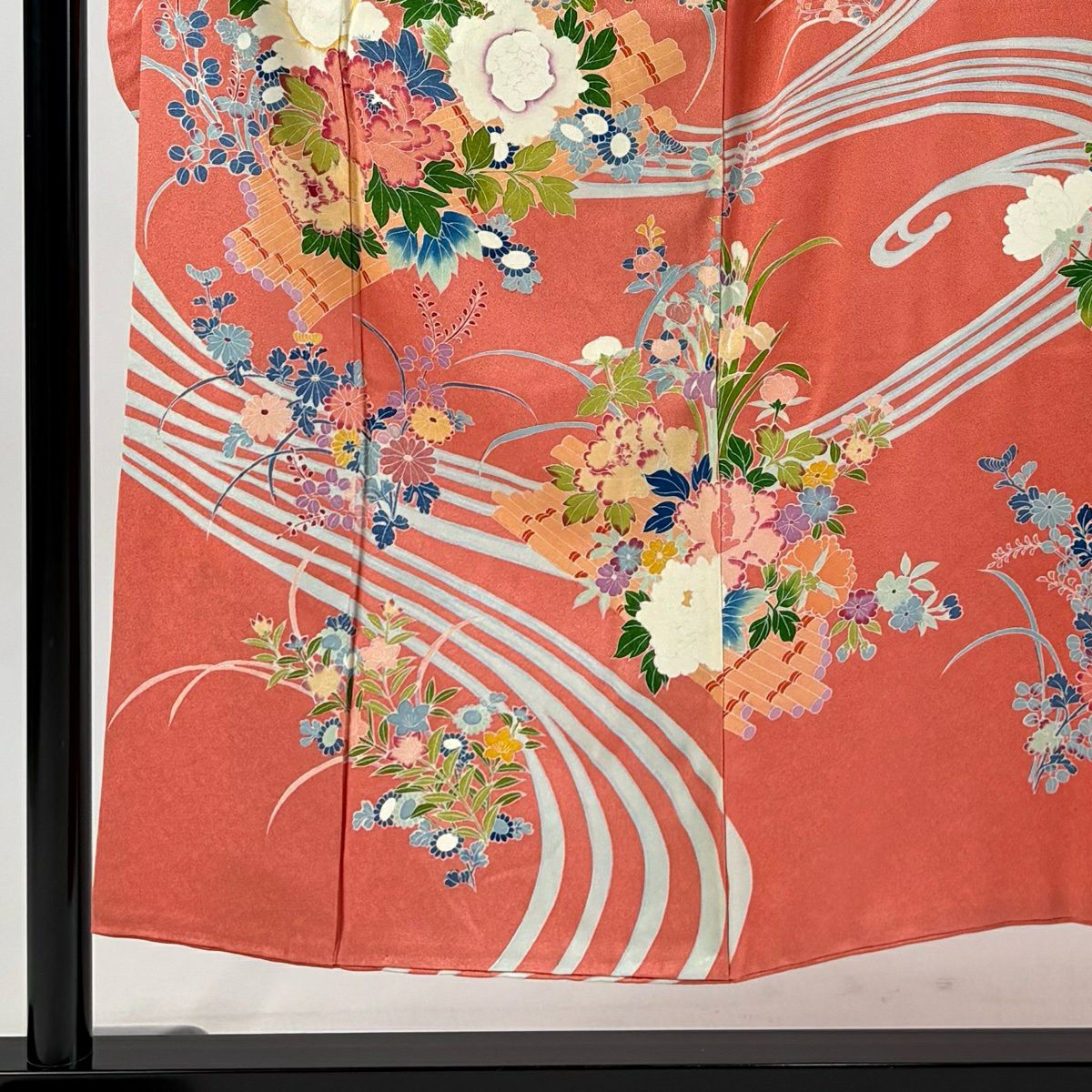 振袖禮服 身長150.5cm 袖長63cm S 雙層 花筏 流水 粉紅 純蠶絲 秀品級