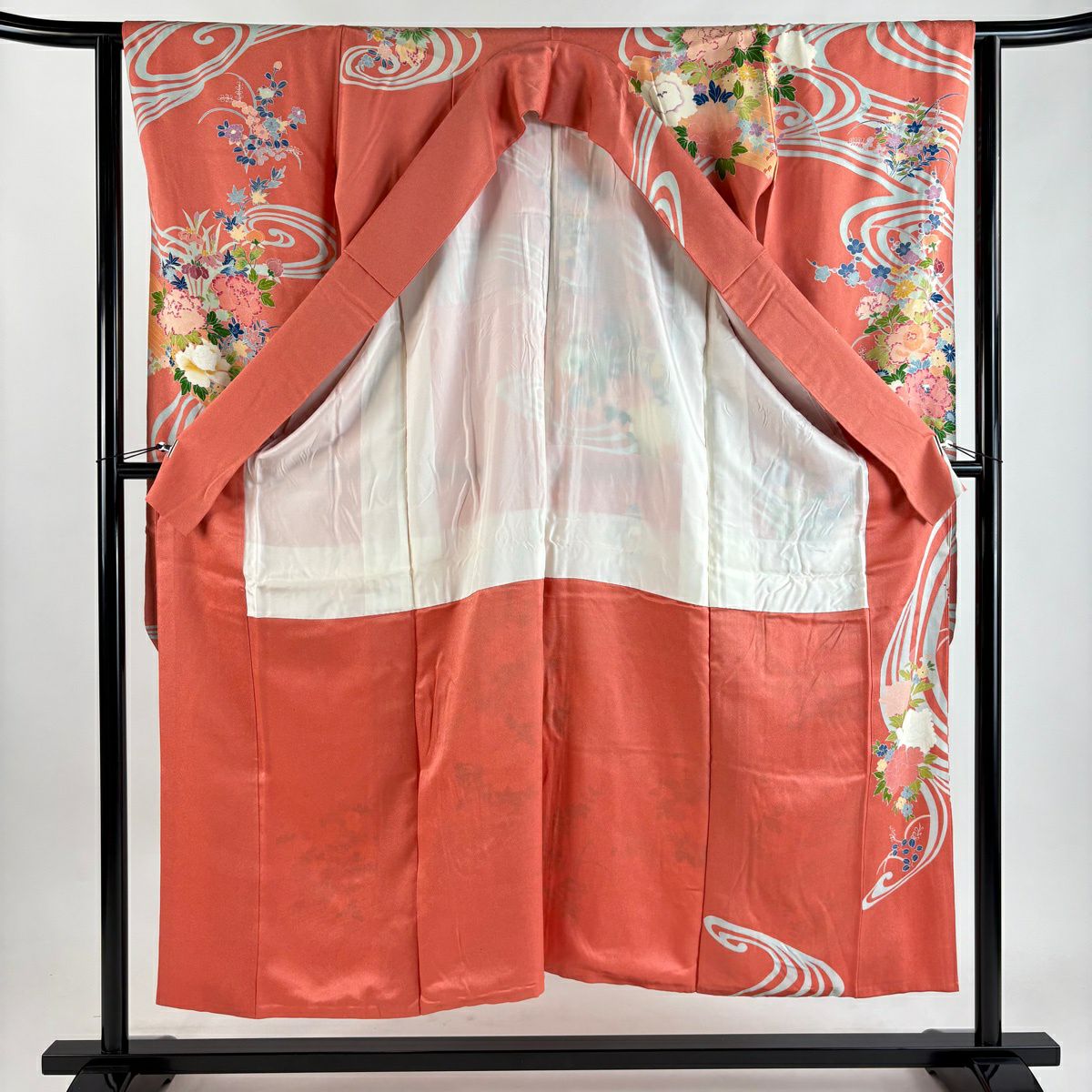 振袖禮服 身長150.5cm 袖長63cm S 雙層 花筏 流水 粉紅 純蠶絲 秀品級
