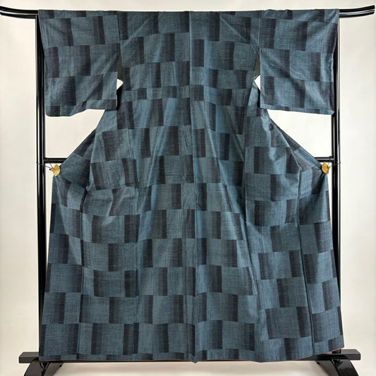 【美品】 紬織 身長160.5cm 袖長65.5cm M 雙層 變市松樹 青灰 純蠶絲 秀品級