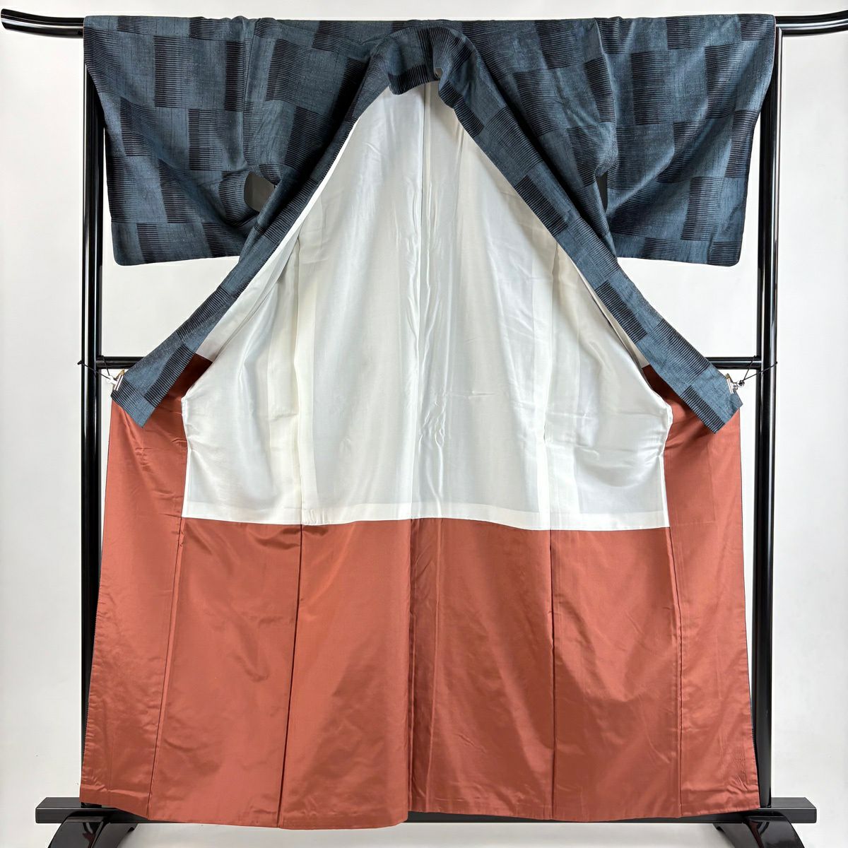 【美品】 紬織 身長160.5cm 袖長65.5cm M 雙層 變市松樹 青灰 純蠶絲 秀品級