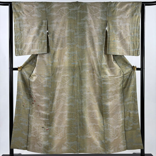 付下 身長153.5cm 袖長63cm S 雙層 寶盡くし 刺繡 金彩裝飾 茶綠 純蠶絲 優品級