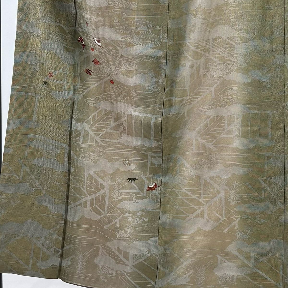 付下 身長153.5cm 袖長63cm S 雙層 寶盡くし 刺繡 金彩裝飾 茶綠 純蠶絲 優品級