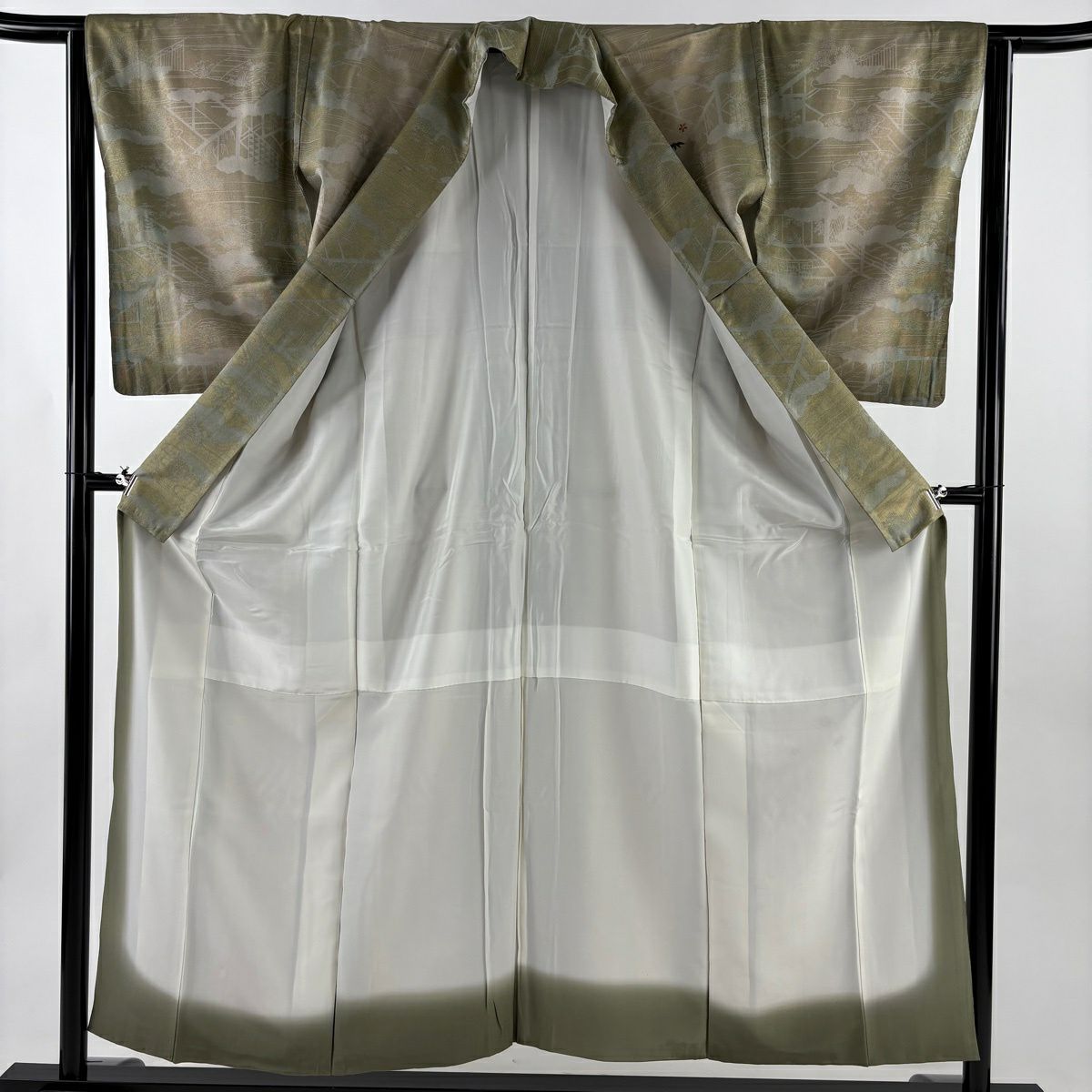 付下 身長153.5cm 袖長63cm S 雙層 寶盡くし 刺繡 金彩裝飾 茶綠 純蠶絲 優品級