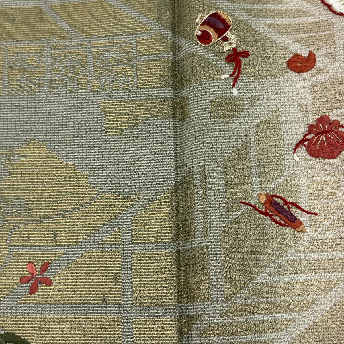 付下 身長153.5cm 袖長63cm S 雙層 寶盡くし 刺繡 金彩裝飾 茶綠 純蠶絲 優品級