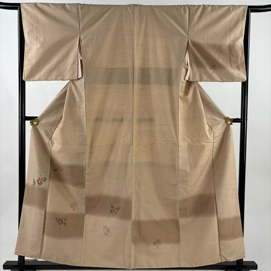 【美品】 付下 身長158cm 袖長65.5cm M 雙層 紬織織 變化市松樹 草花紋紋 米色 純蠶絲 優品級