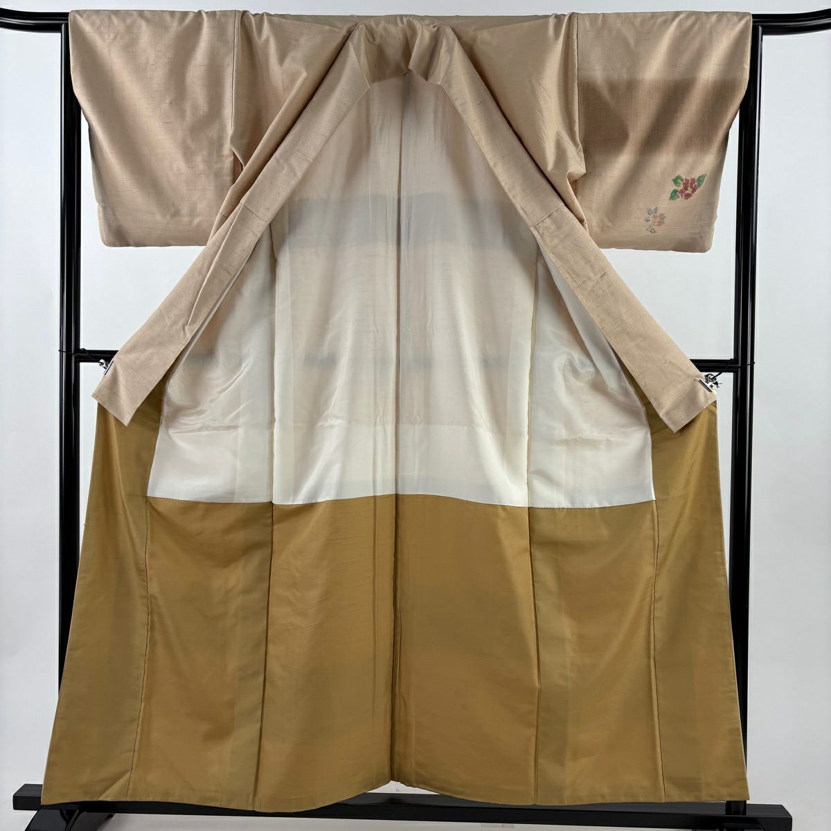 【美品】 付下 身長158cm 袖長65.5cm M 雙層 紬織織 變化市松樹 草花紋紋 米色 純蠶絲 優品級