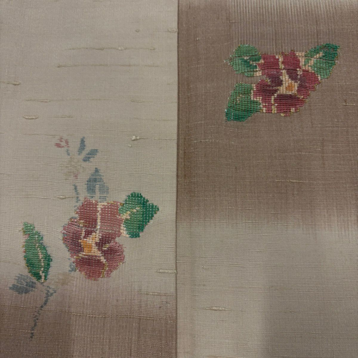 【美品】 付下 身長158cm 袖長65.5cm M 雙層 紬織織 變化市松樹 草花紋紋 米色 純蠶絲 優品級