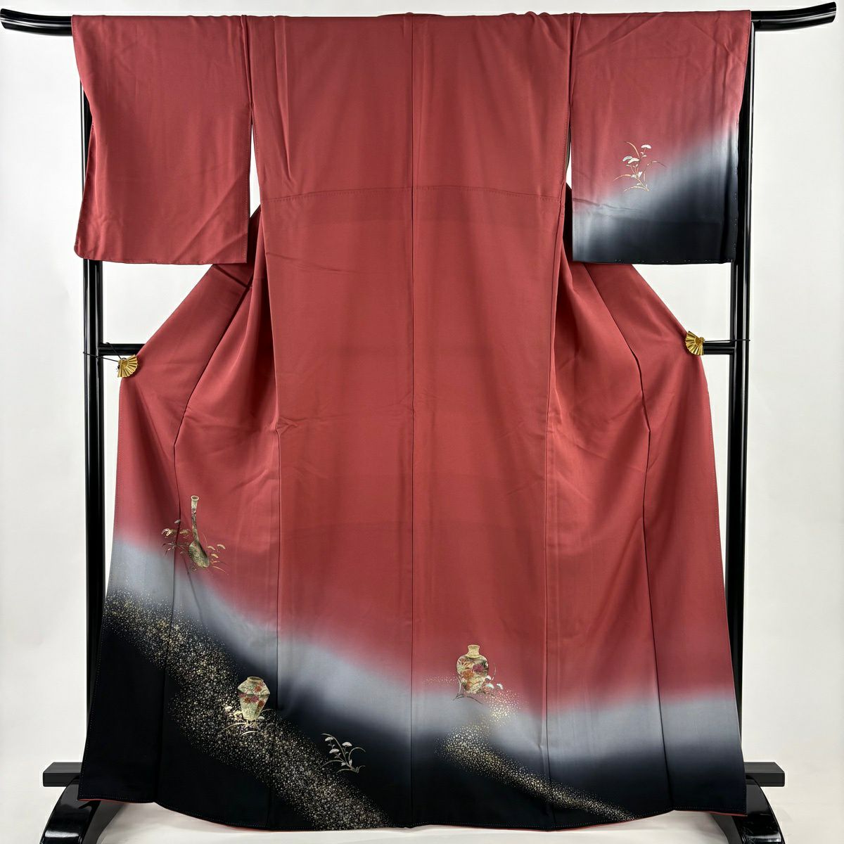 付下 身長166cm 袖長67.5cm L 雙層 器物 女郎花 金銀彩 漸層 茜 純蠶絲 優品級