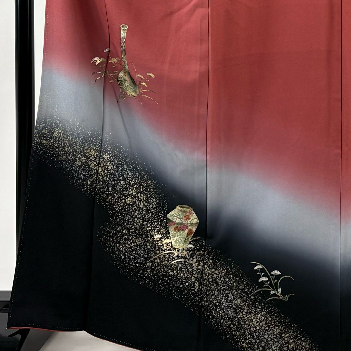 付下 身長166cm 袖長67.5cm L 雙層 器物 女郎花 金銀彩 漸層 茜 純蠶絲 優品級