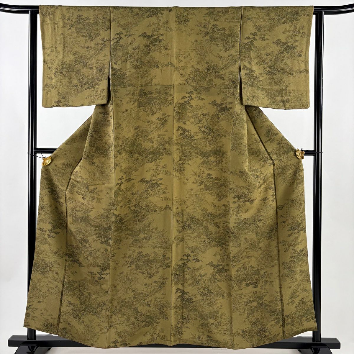 小紋 身長158.5cm 袖長62.5cm S 雙層 南部幸雄 有落款 草花紋紋 流水 茶綠 純蠶絲 秀品級